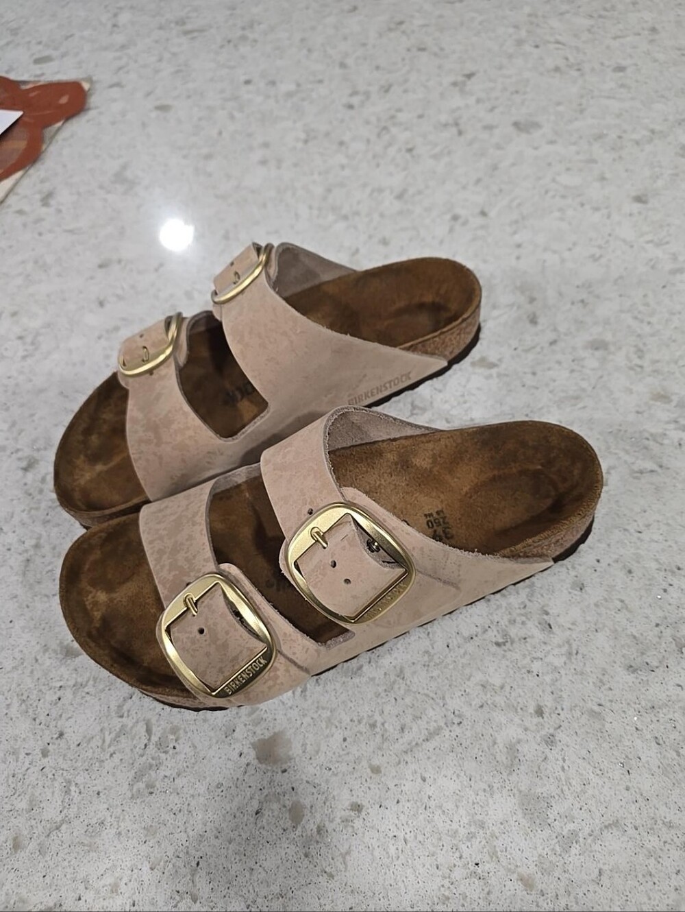 Birkenstock Arizona Double-Buckle Sandal in Light Taupe with Gold Buckles